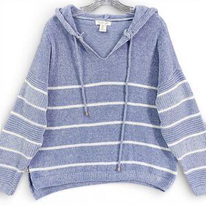 Rachel Zoe Chenille Hoodie Sweater Sz L Blue White Stripe Cozycore